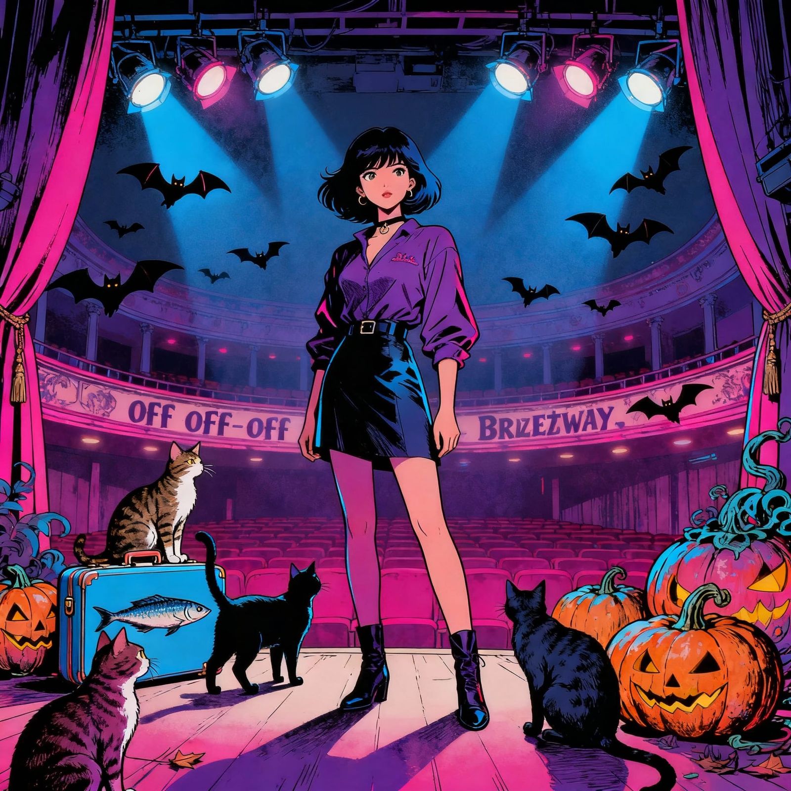 Bella and Cats in Whimsical Bat-Adorned Theater