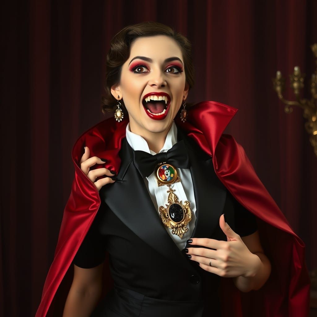 Elegant Vampire Baroness in Black Tie with Crimson Cape and ...