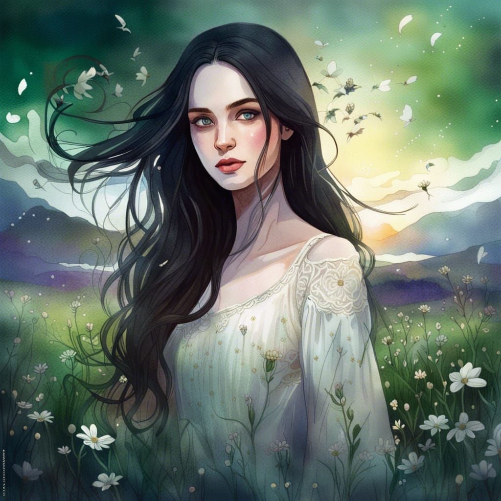 Beautiful Woman in Meadow, Watercolor Style Illustration