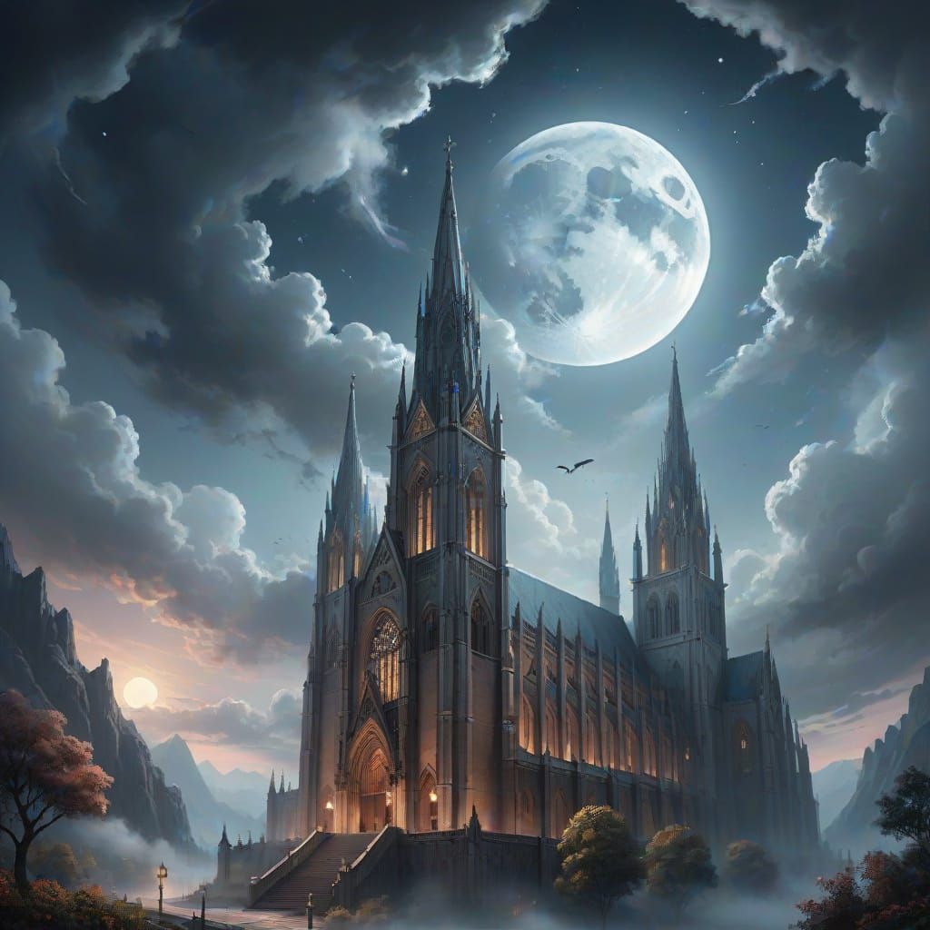 Ethereal Gothic Cathedral under a Full Moon