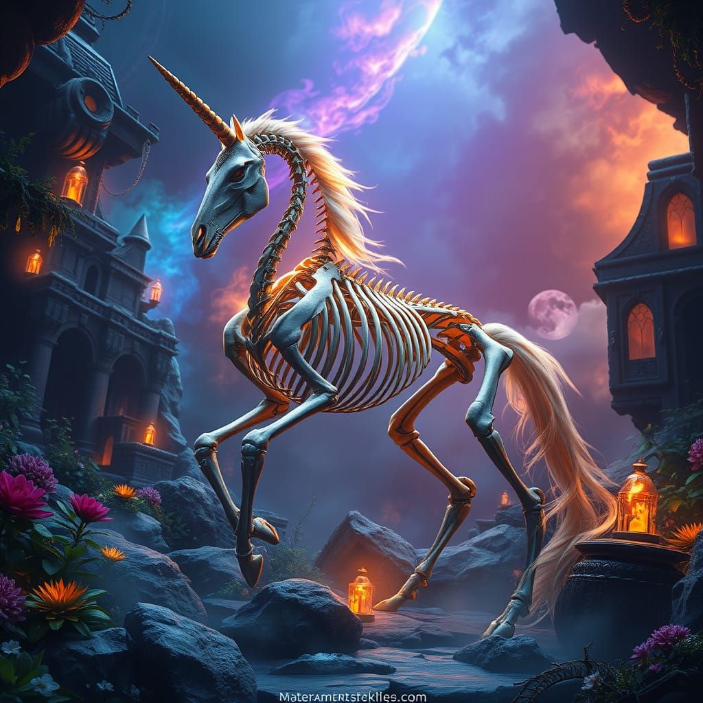 Regal Unicorn Skeleton in a Mystic Realm