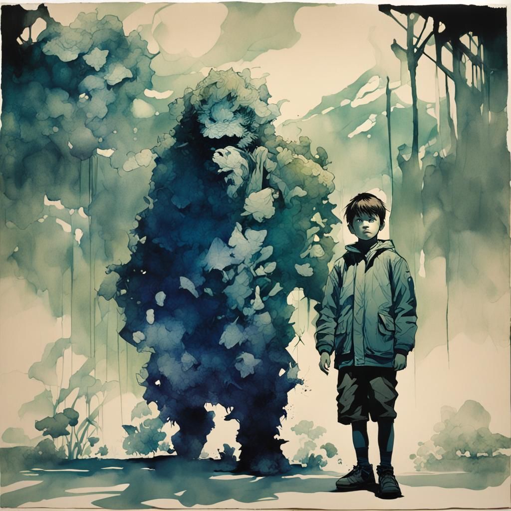 Boy and Bigfoot at School: Watercolor Illustration