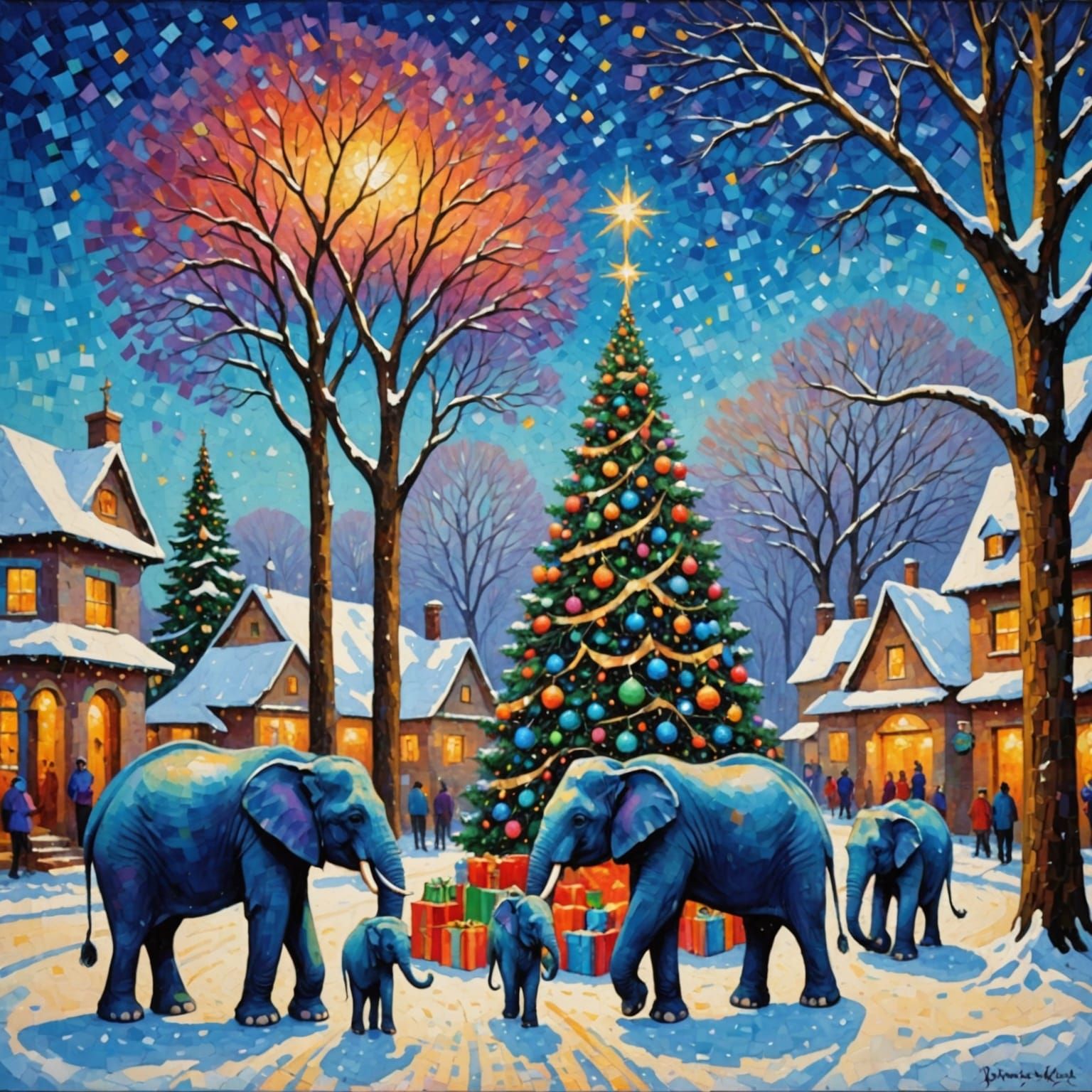 Elephants Decorating Iridescent Christmas Tree in Pointillis...
