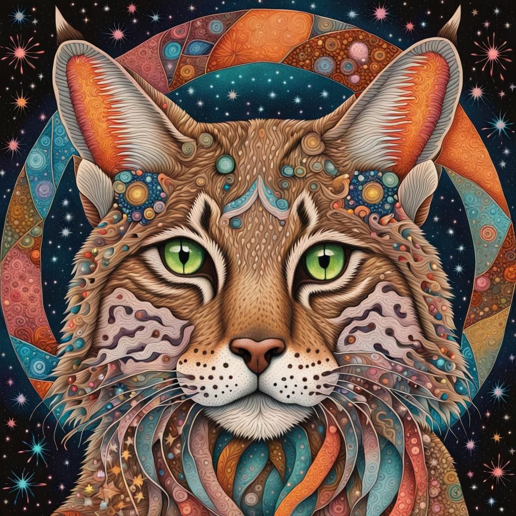 Cosmic Bobcat Portrait in Whimsical Folk Art Style