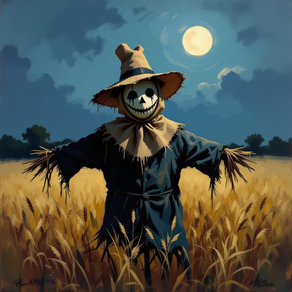 Scarecrow in Moonlit Field: Impressionist Style