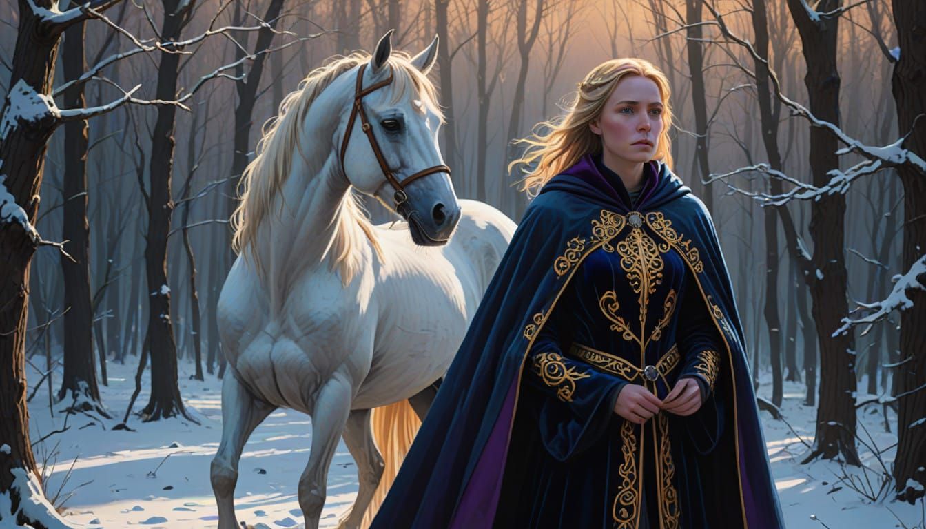 Winter morning in the enchanted forest, snow and black tree ...