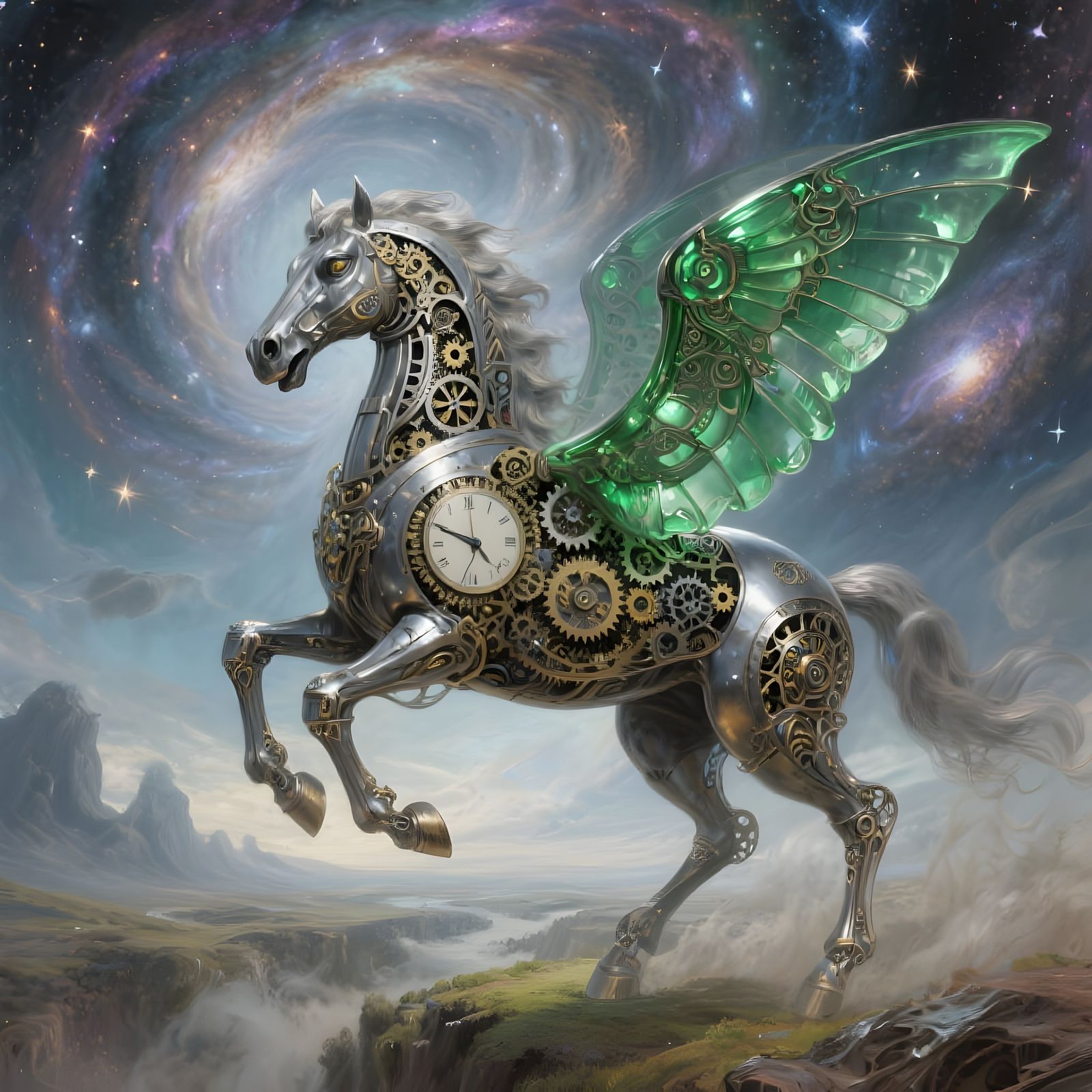 Clockwork Horse with Green Glass Wings Gallops Through Dream...