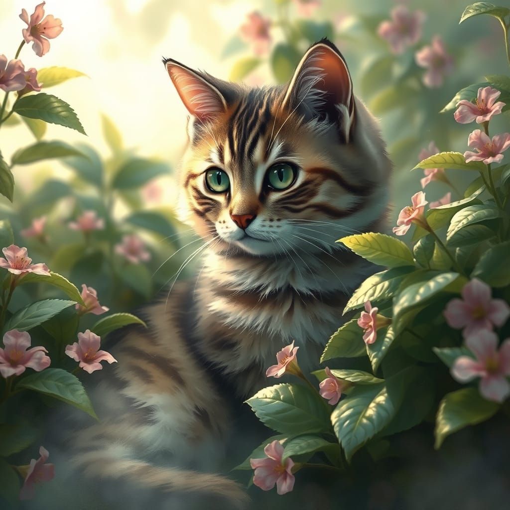 Camouflaged Cat in Ethereal Fantasy, Kinkade Style