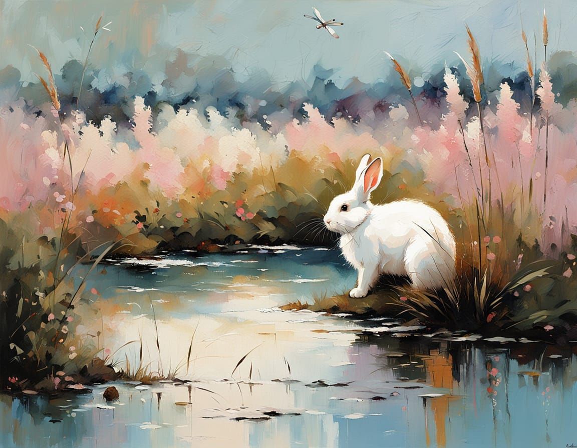 Bunny Rabbit in Reeds, Impressionistic Style