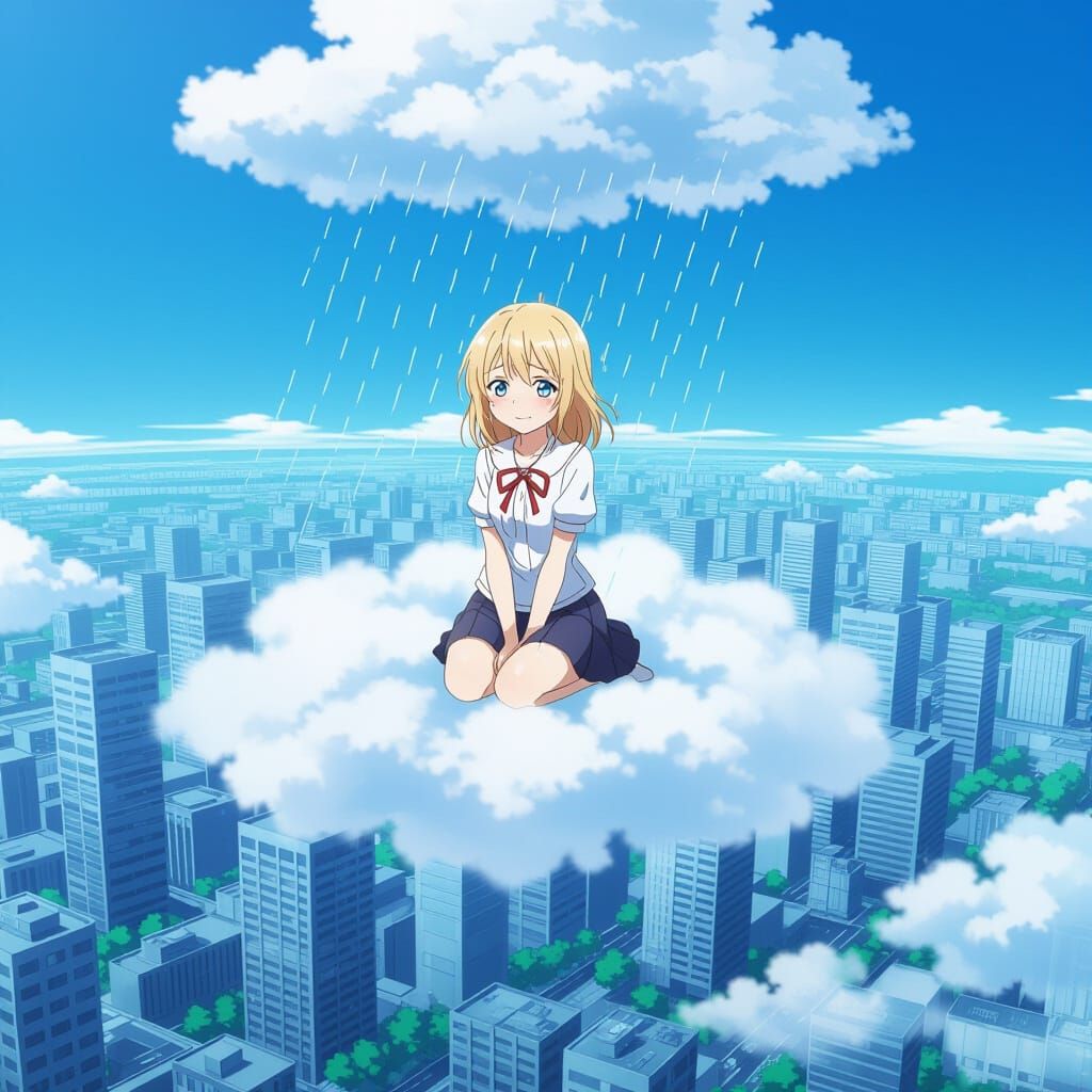 Anime Girl Cries Rain Over City from Cloud