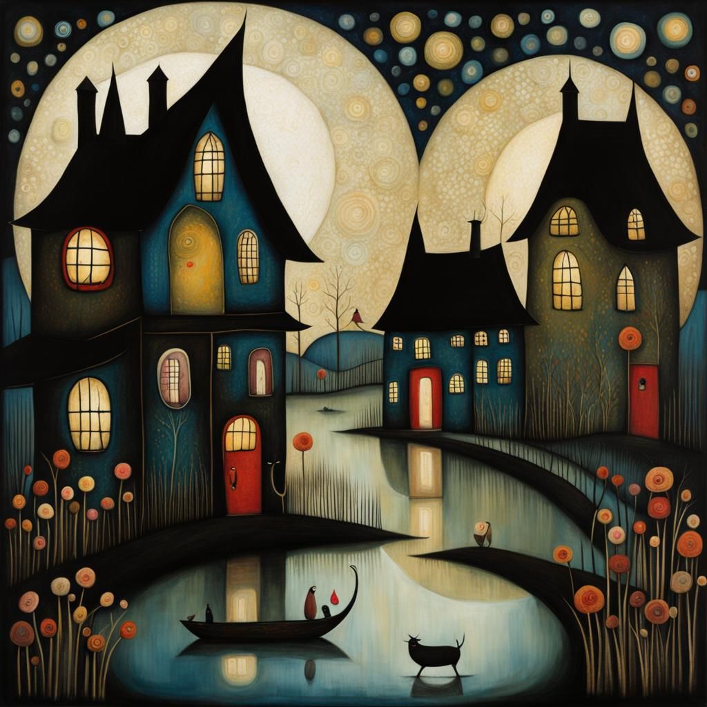 Nighttime Village in Art Brut Style