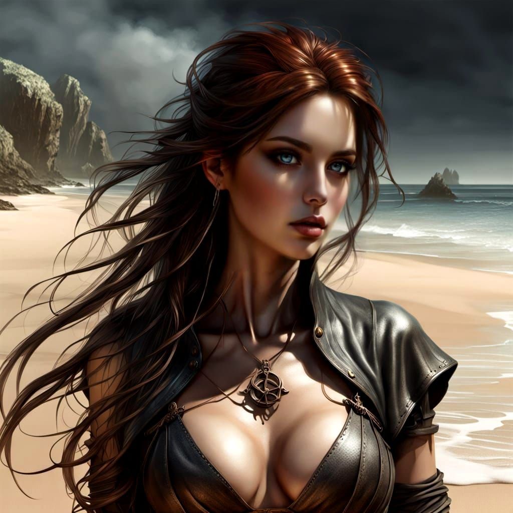 Pirate Woman on Beach in Digital Oil Illustration