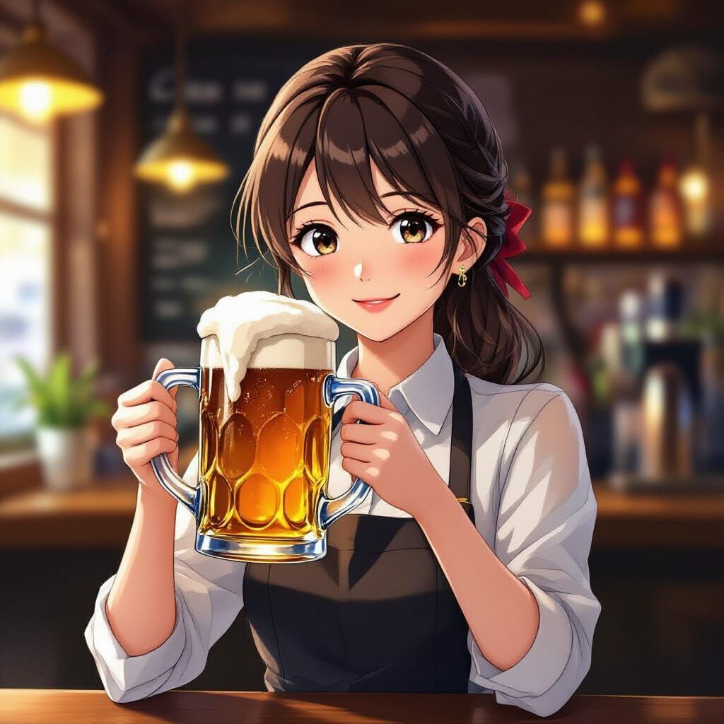 Anime Bartender Woman Fills Frothy Beer Stein
