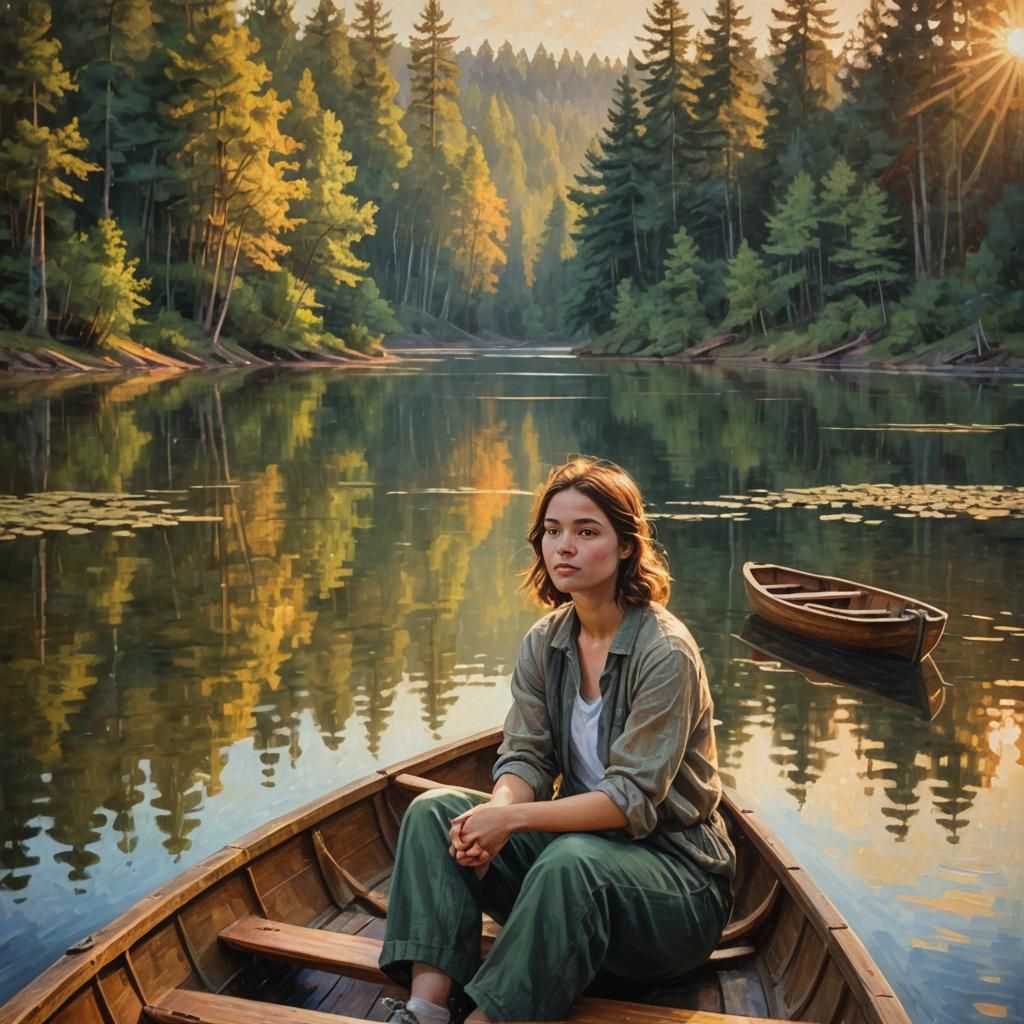 Woman in Boat at Sunset as Impasto Painting