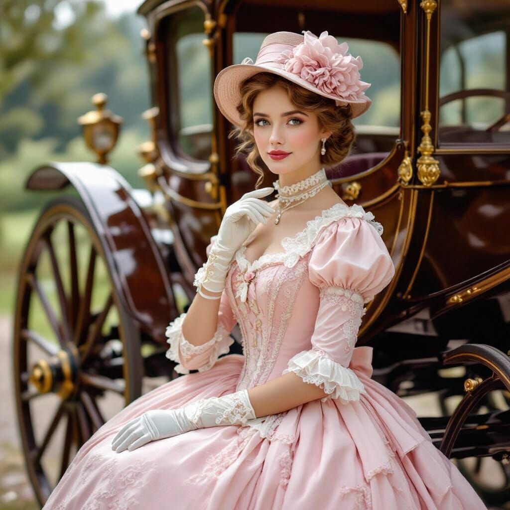 Edwardian Woman in Pink Gown with Vintage Carriage