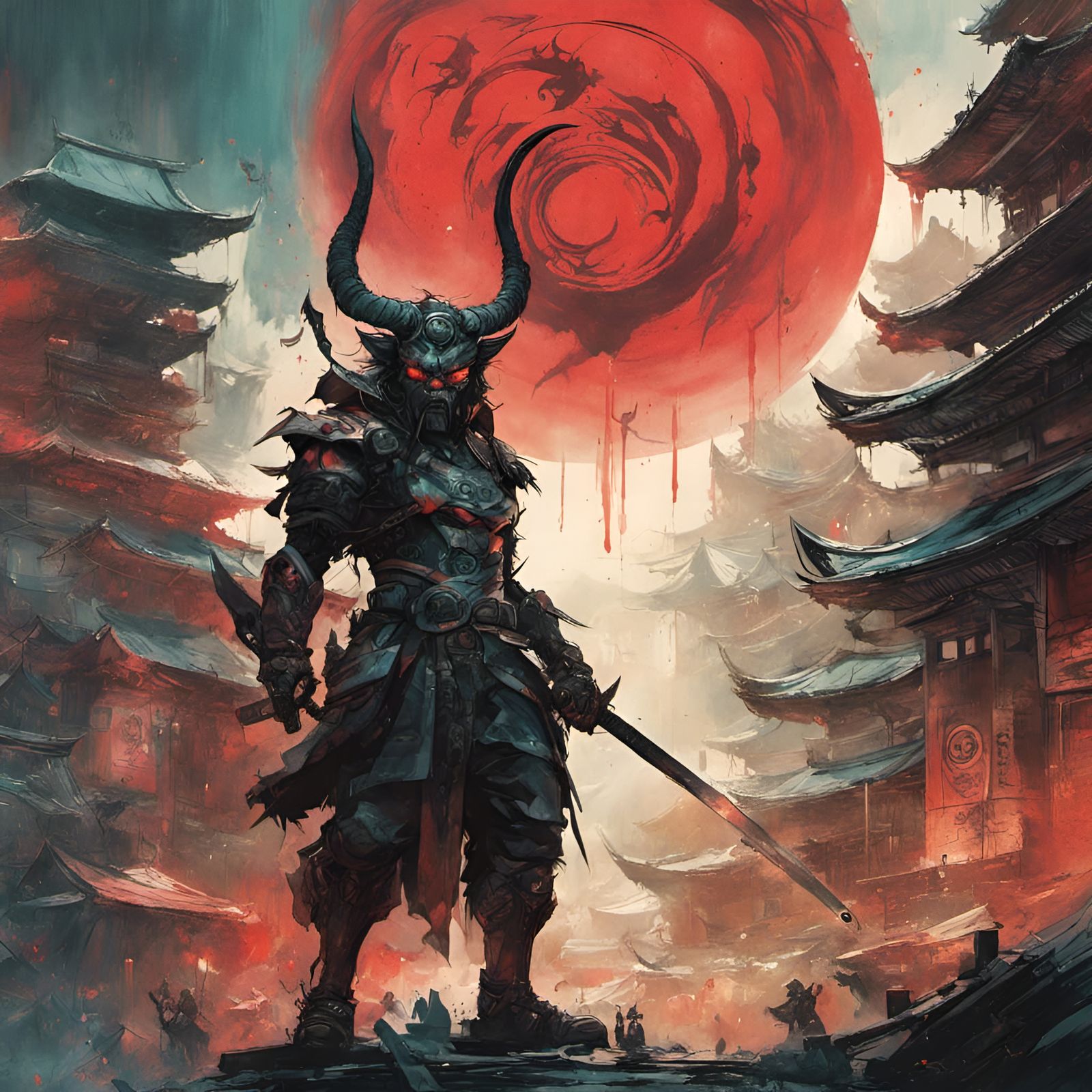 Cyberpunk Oni Demon in Japanese Etched Art Style