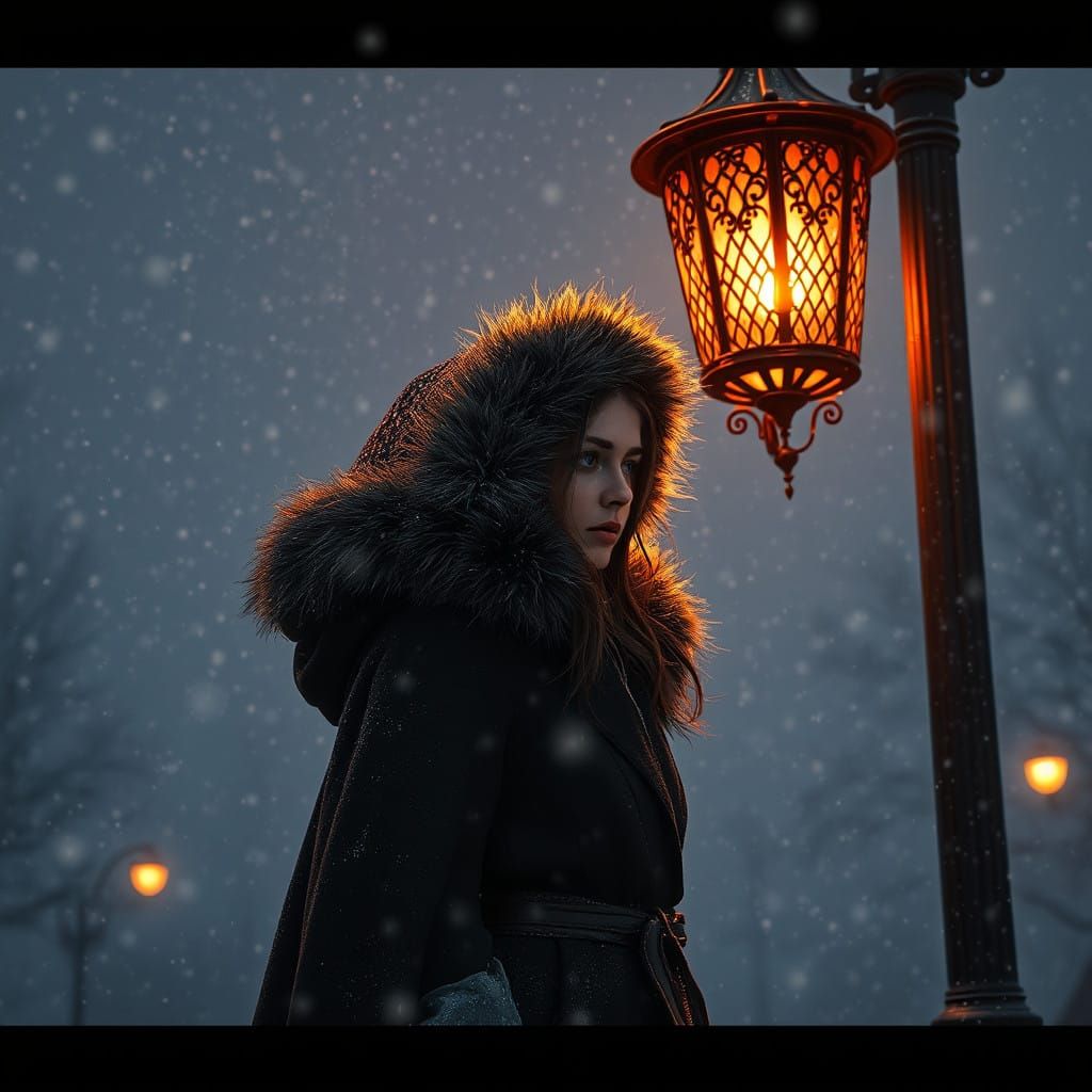 Woman in Winter Wonderland Under Vintage Street Light