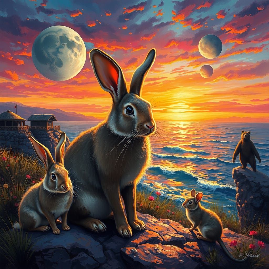 Ethereal Sunset Dreamscape with Whimsical Creatures