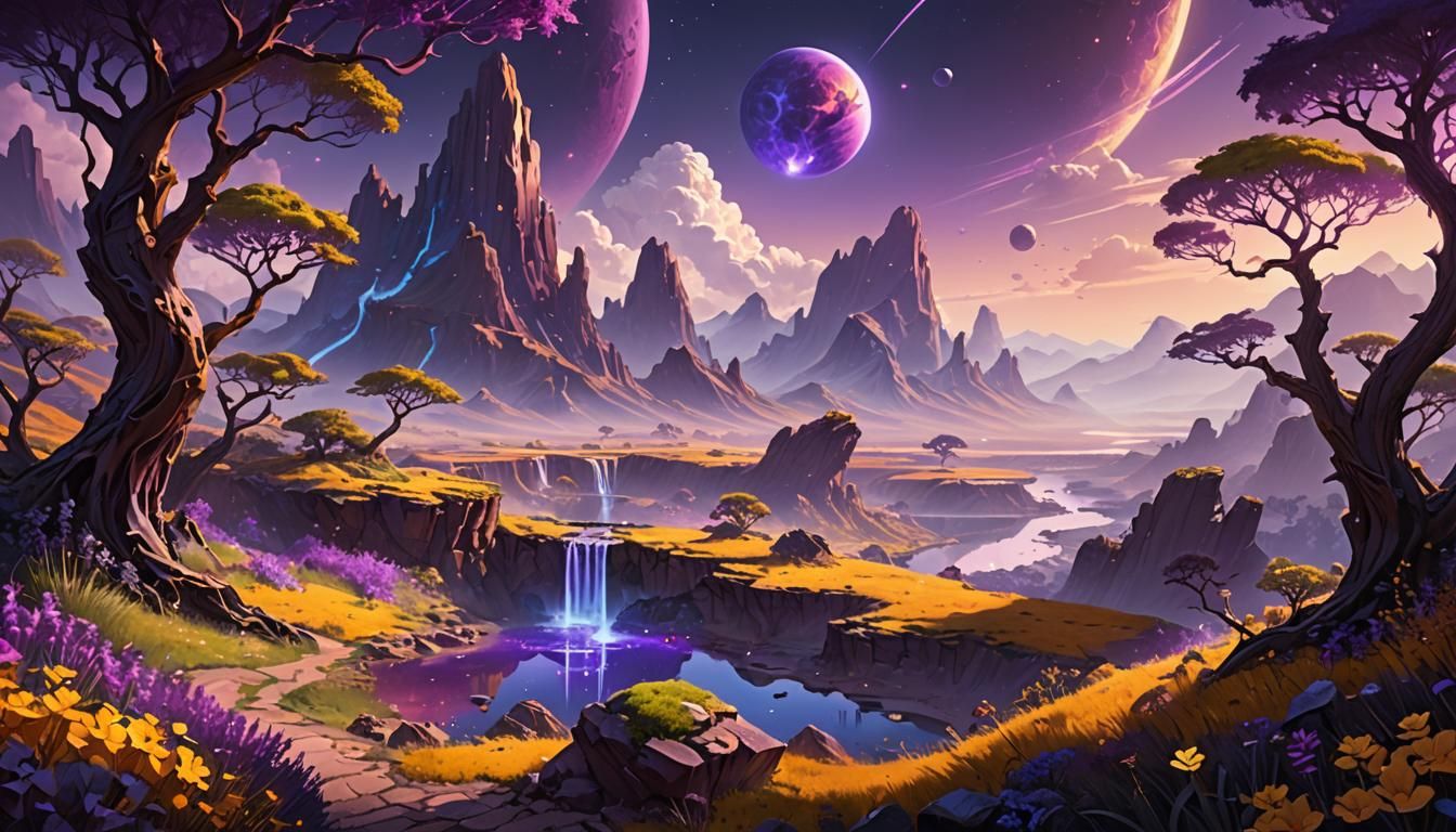 Amethyst Alien Landscape with Lush Vegetation