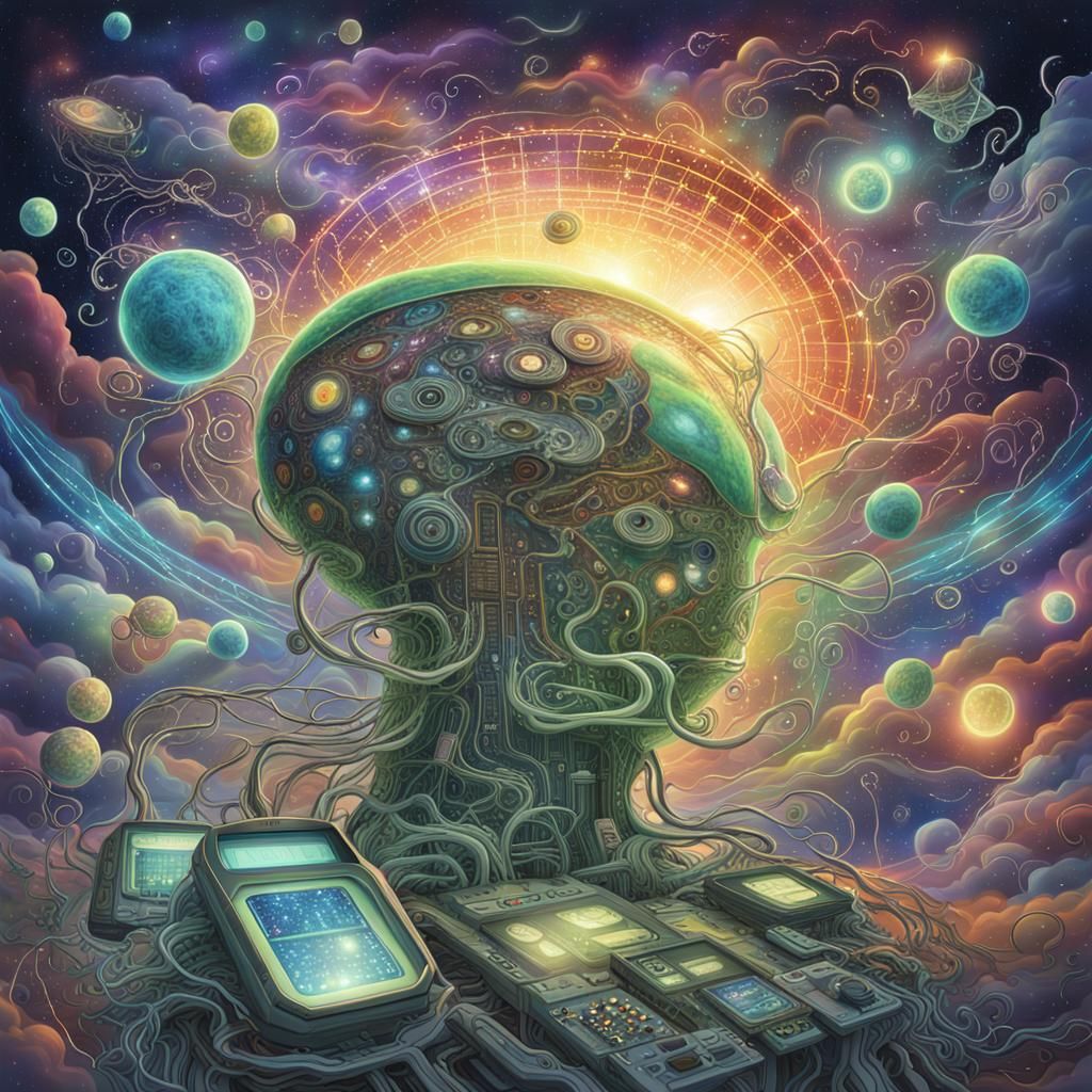 Surreal Cosmic Being Merging with Motherboard