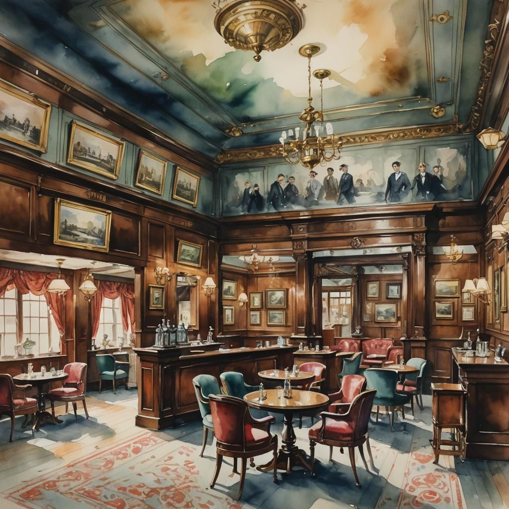 English Gentleman's Club Interior in Watercolor