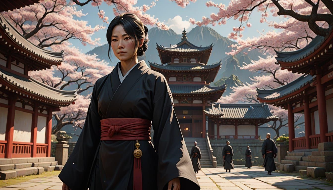 Hōjō Masako at Buddhist Temple in Sumi-e Style