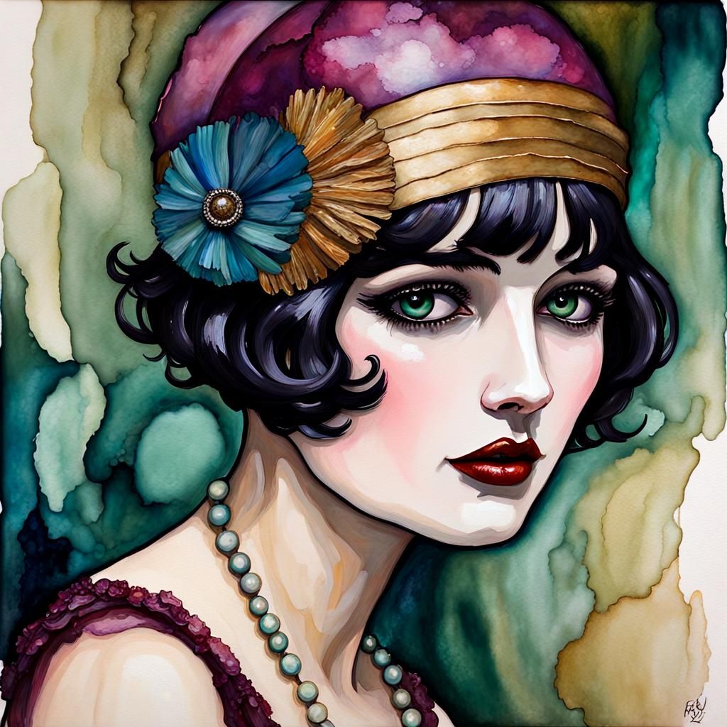 Otherworldly Flapper Woman in Alcohol Ink Style