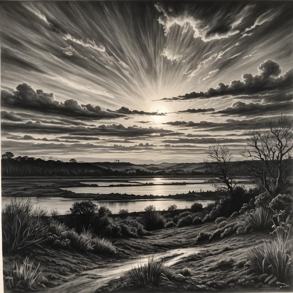 Hyperdetailed Charcoal Drawing of a Sunset