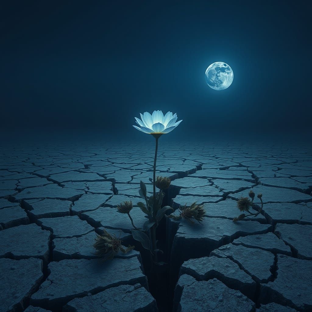 Ethereal Flower in Cracked Earth Landscape