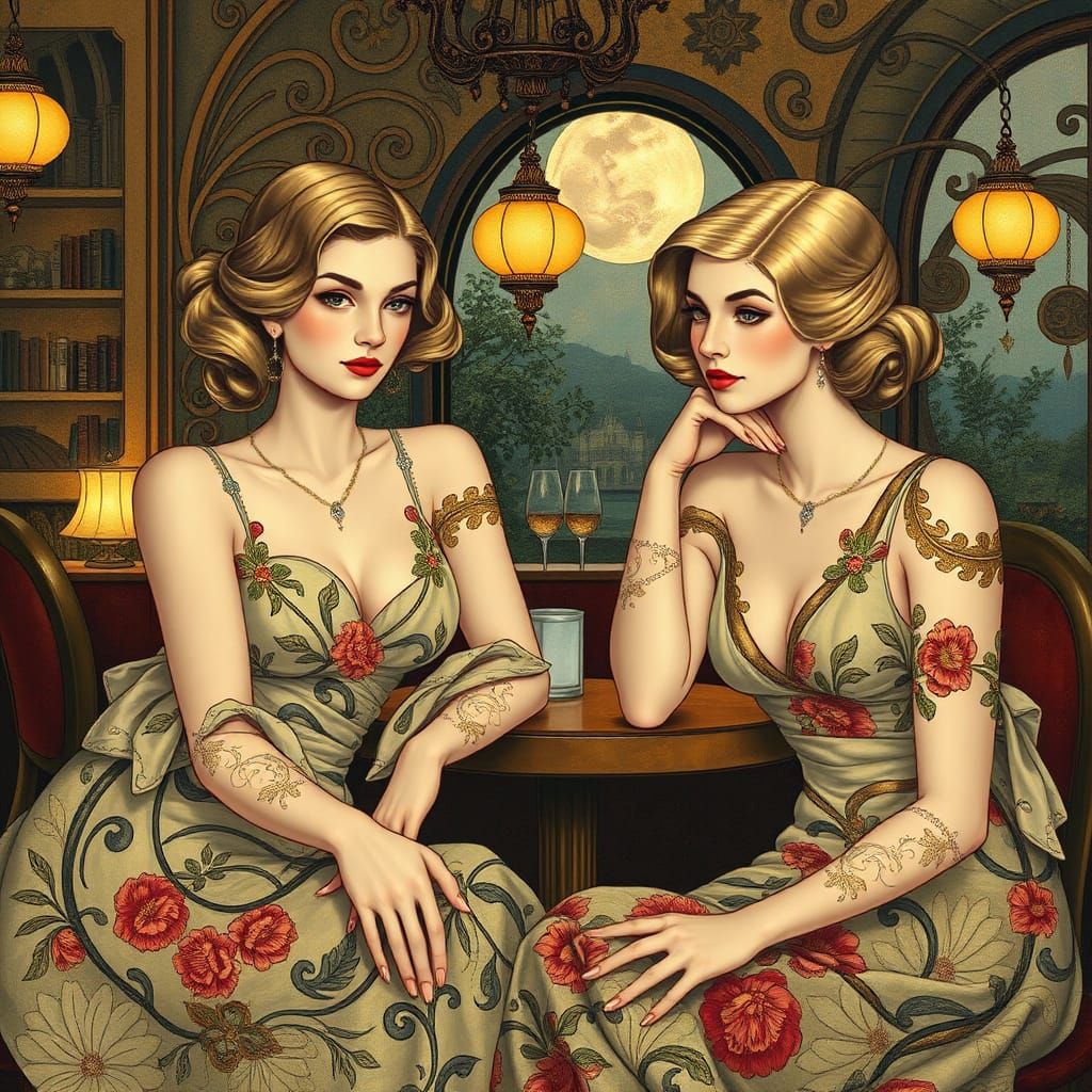 Elegant Women in 1920s Cafe, Art Nouveau Style