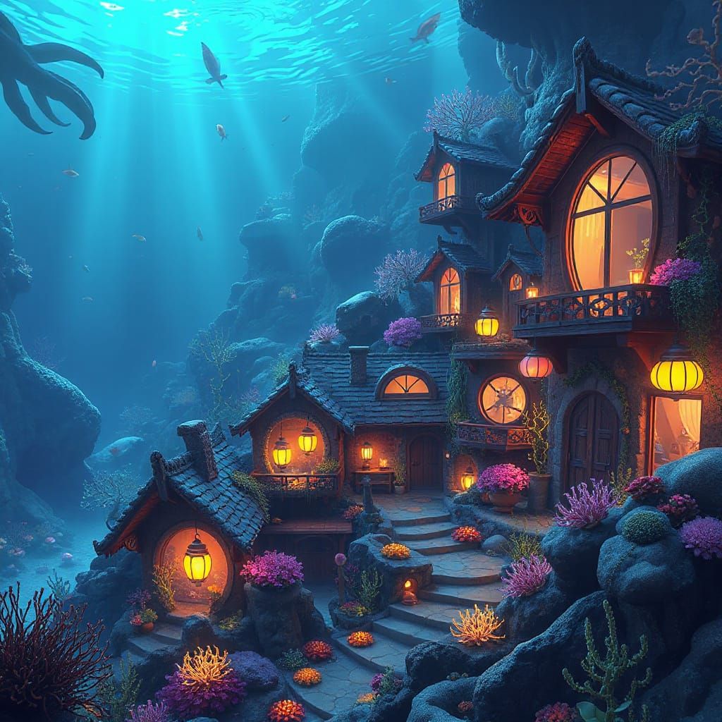 Underwater City with Bioluminescent Plants in Ghibli Style
