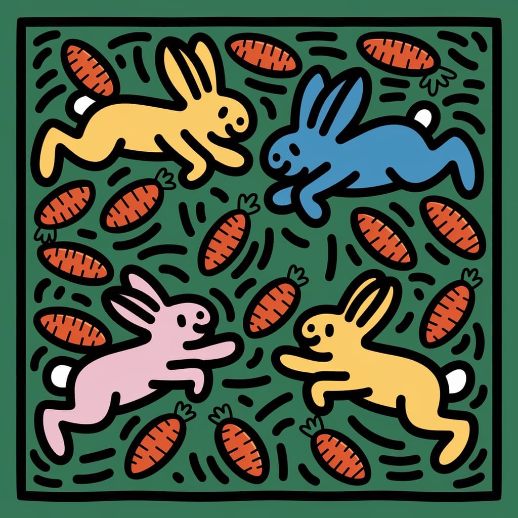 Colourful Leaping Rabbits in Haring Style