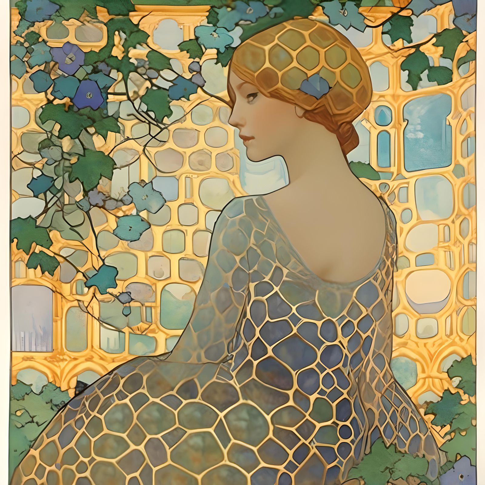 Woman in Honeycomb Dress in Wildflower Meadow