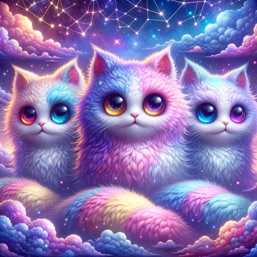 Mystical Rainbow Creatures in Surreal Starry Sky