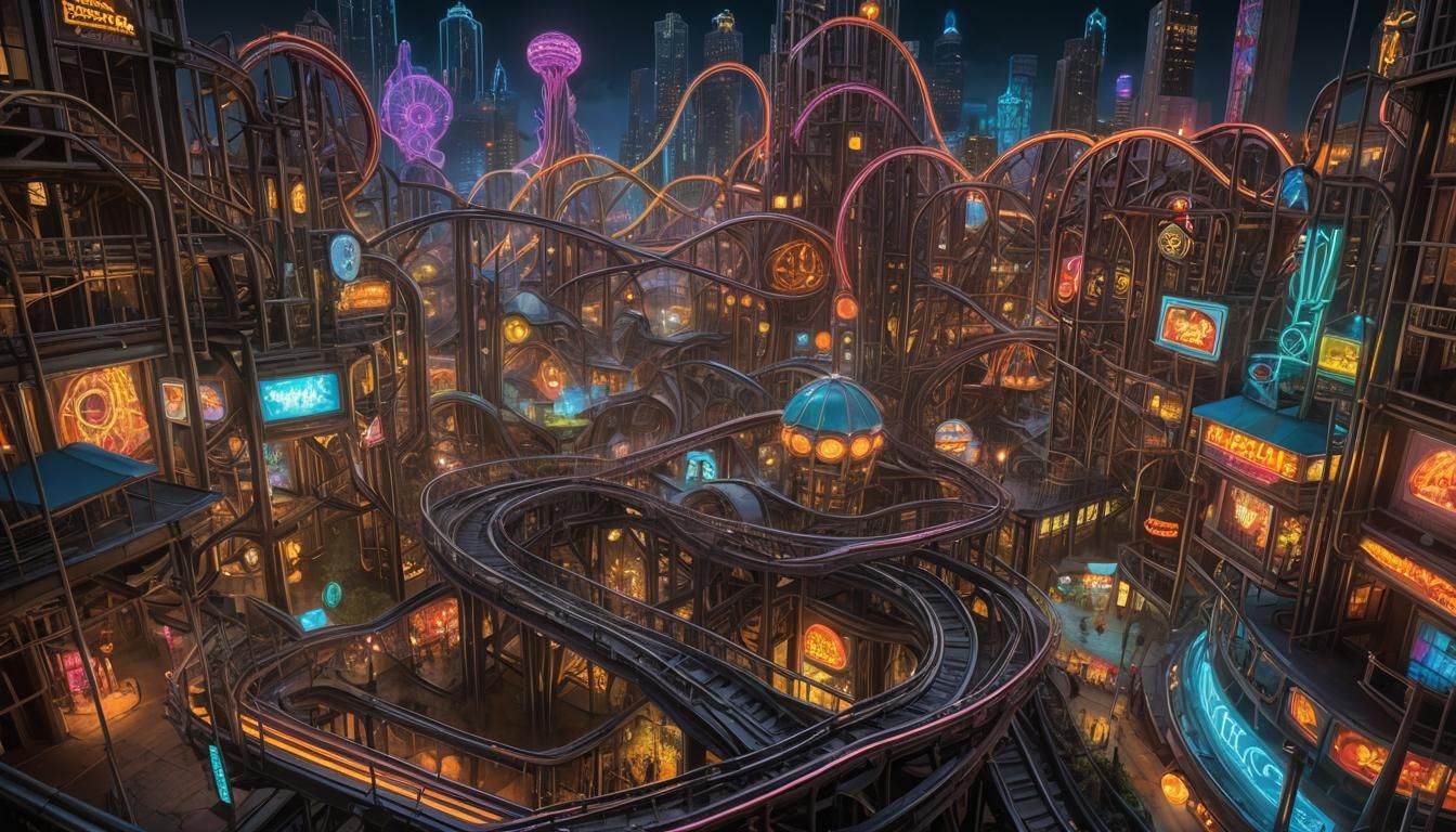 Neon Rollercoaster in Dystopian Metropolis