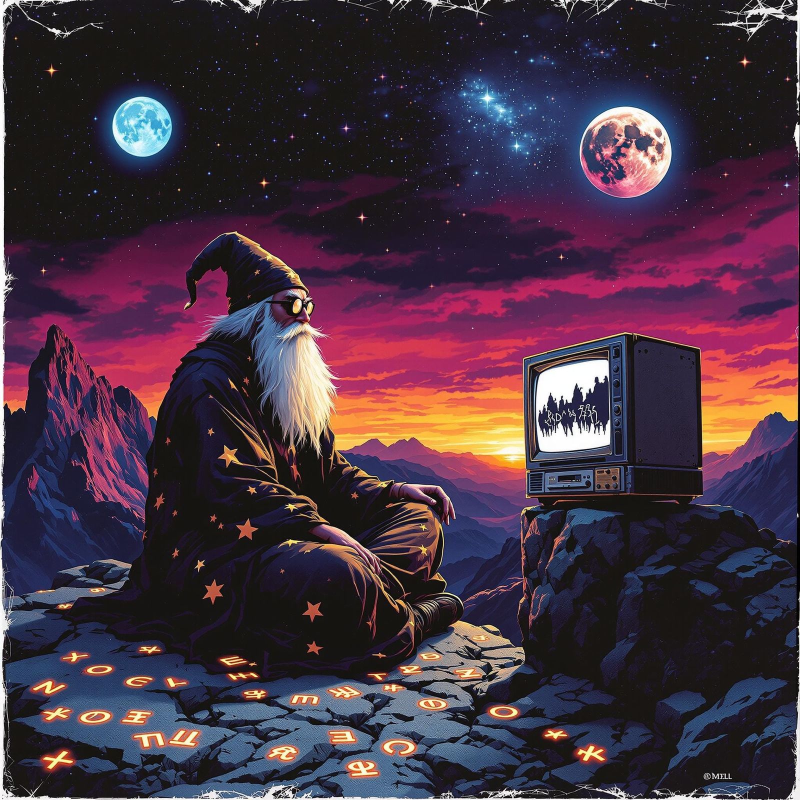 Cosmic Wizard Watches Whimsical TV on Vibrant Mountain Peak