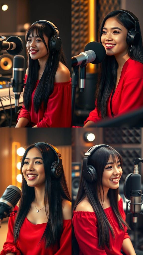 Indonesian Woman Singing in Recording Studio, Photorealistic...