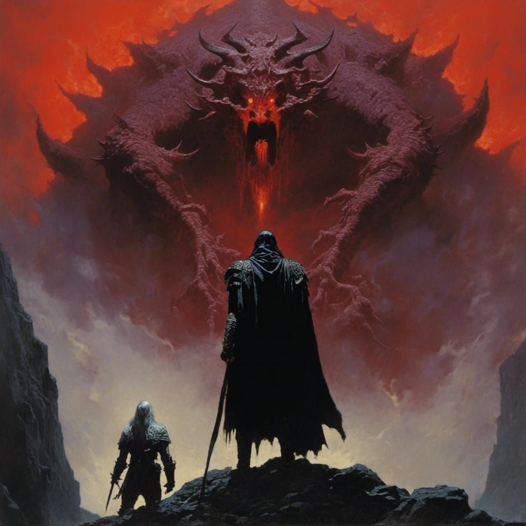 Adventurer Confronts God of Chaos in Dark Retro Style