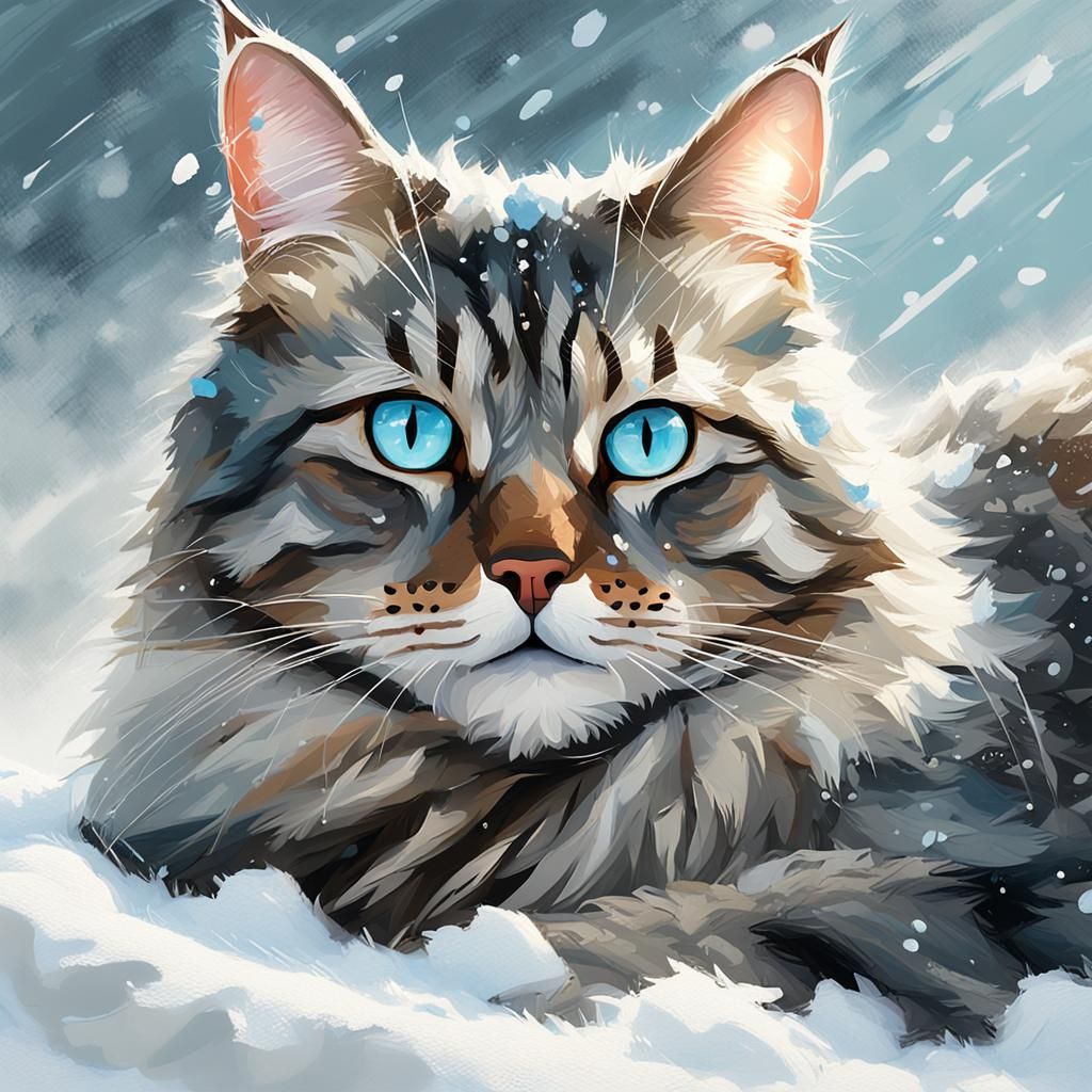 Grey Tabby Cat in Snow, Matte Painting