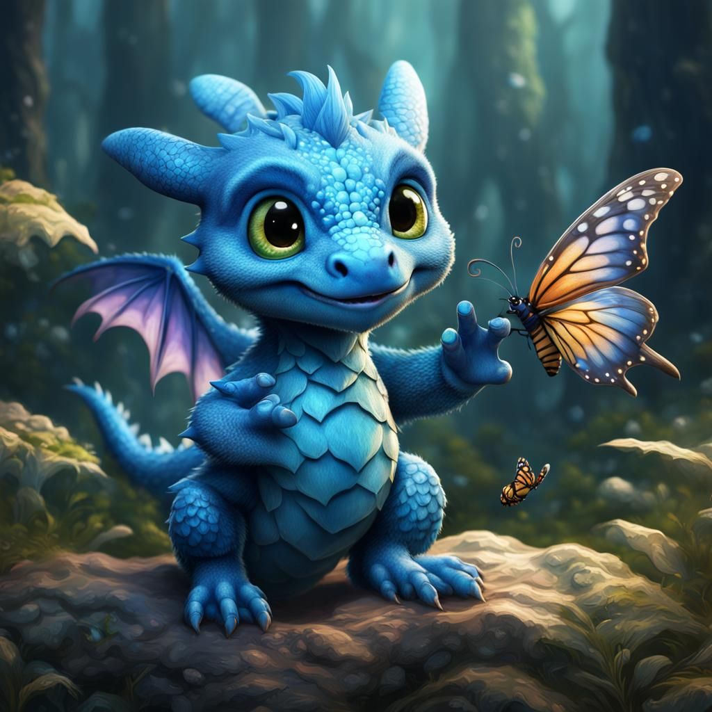 Cute Blue Dragon and Butterfly: Fantasy Art