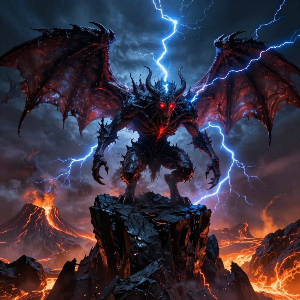 Demonic Creature on Obsidian Cliff in Lightning Storm