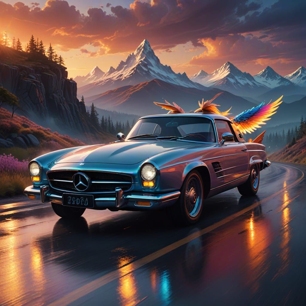 Vibrant Thunderbird Mercedes Benz on Mystical Road