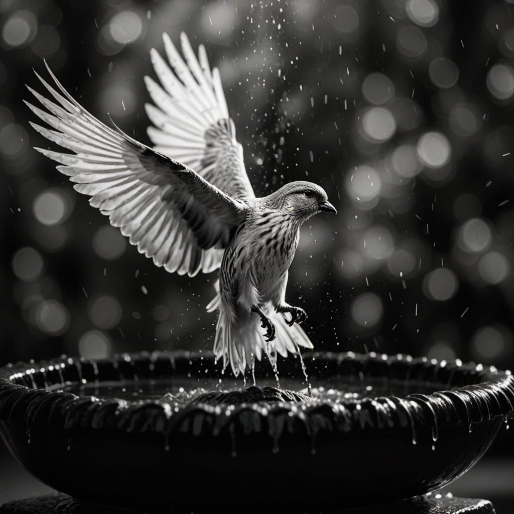 Bird in Bird Bath, Vibrant Black and White