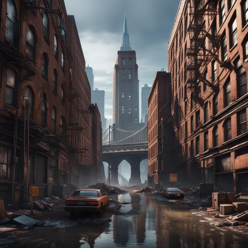 Dystopian Brooklyn City Streets in Detailed Matte Painting