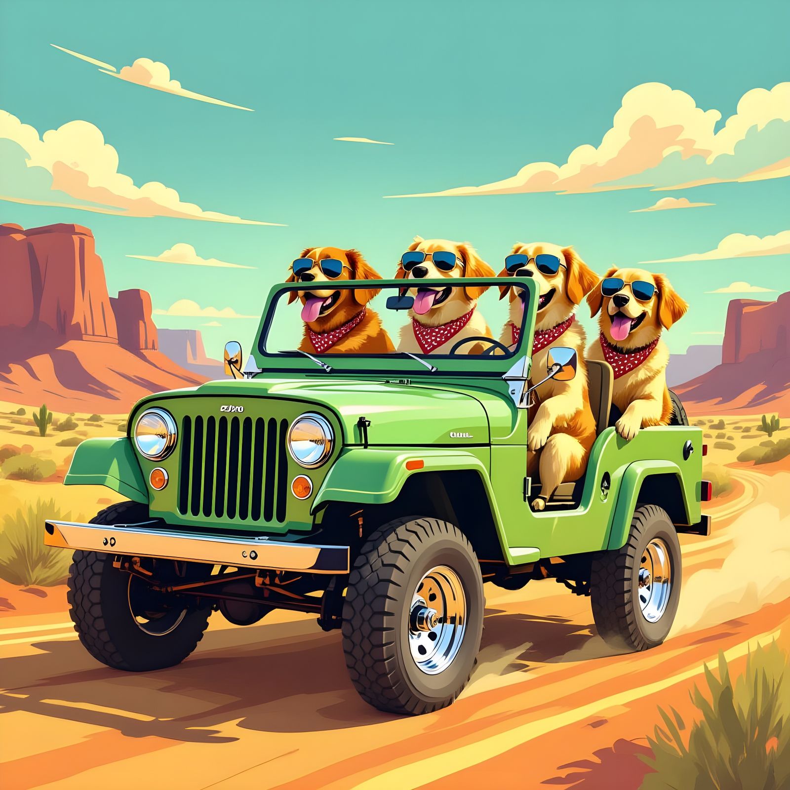 Golden Retrievers Drive Vintage Jeep in Desert