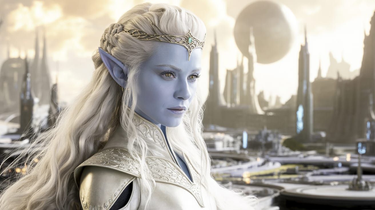 Regal Elven Queen in Futuristic Fantasy Cityscape