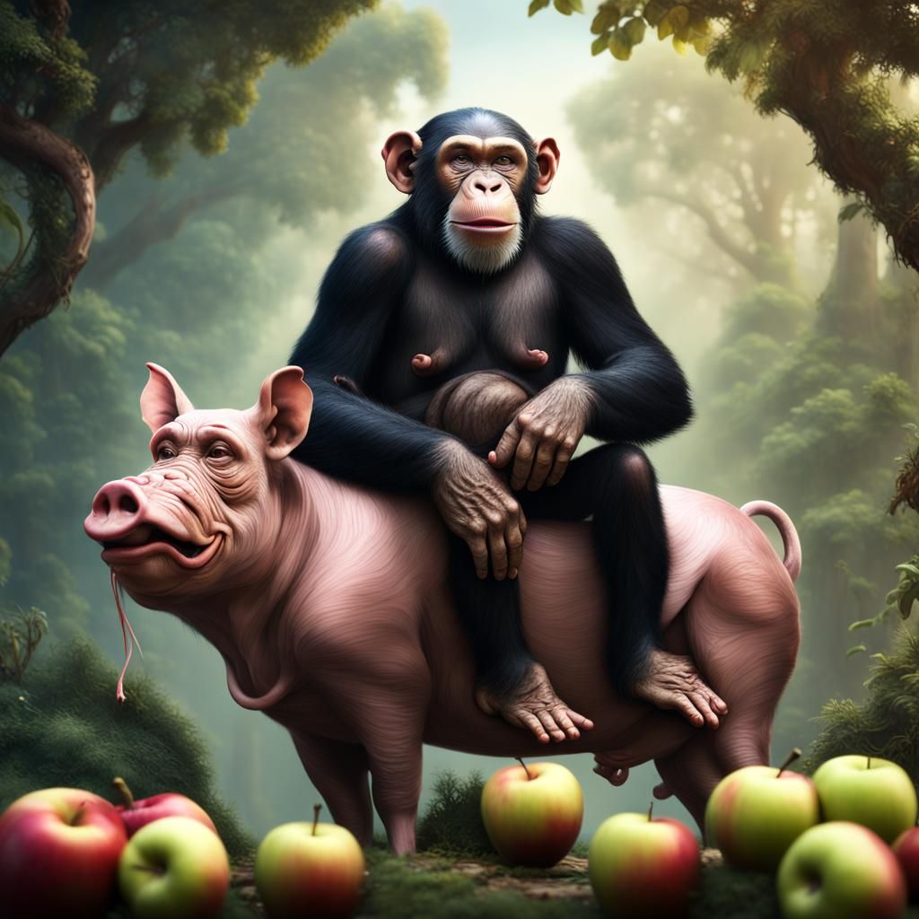 Chimpanzee Riding Pig in Detailed Fantasy Art