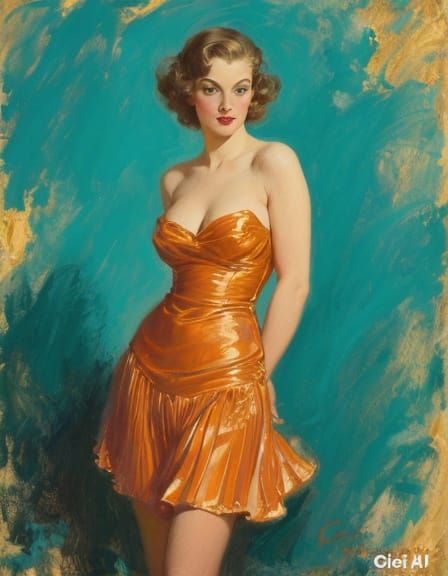 Classic Female Figure Study in Vibrant Turquoise and Gold