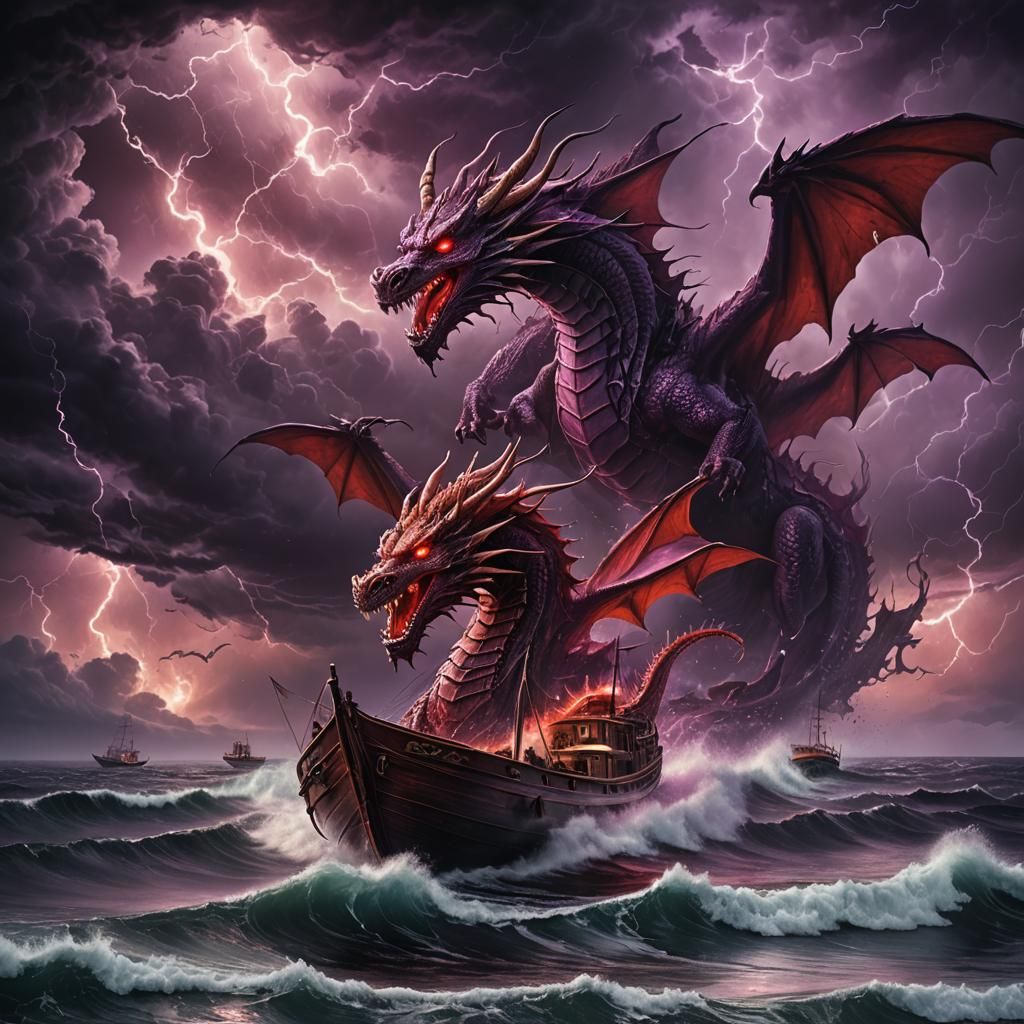 Three-Headed Red Dragon Emerges from Stormy Clouds