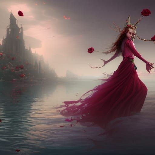 Rose Priestess Walking on Water in Detailed Painting